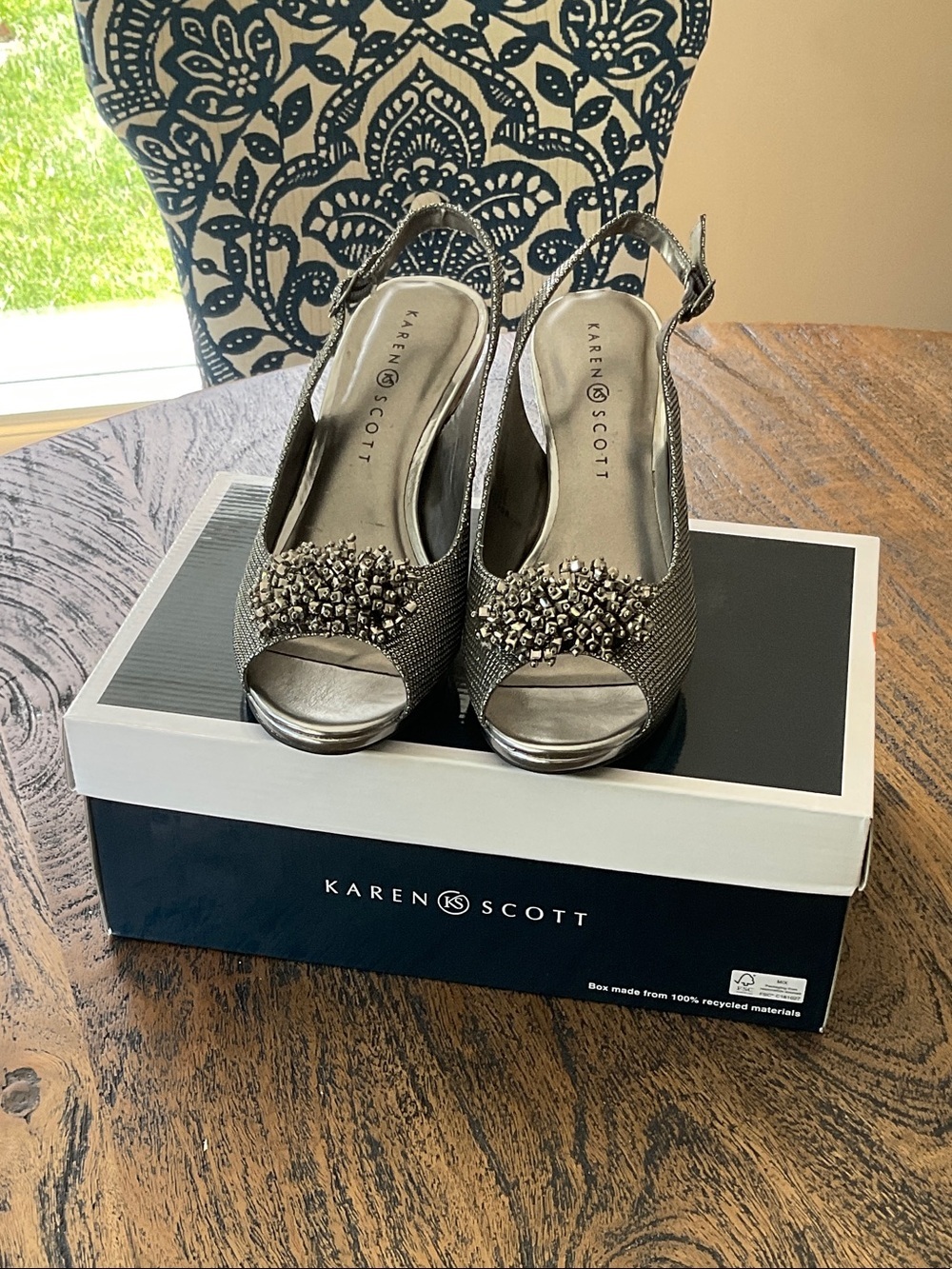Karen Scott Silver Embellished Peep-Toe Slingback Heels